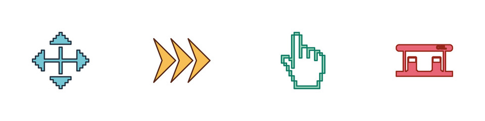 Set Pixel arrows in four directions, Arrow, hand cursor and Gas filling station icon. Vector