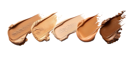 Set of five different shades of beige foundation swatches isolated on white background.