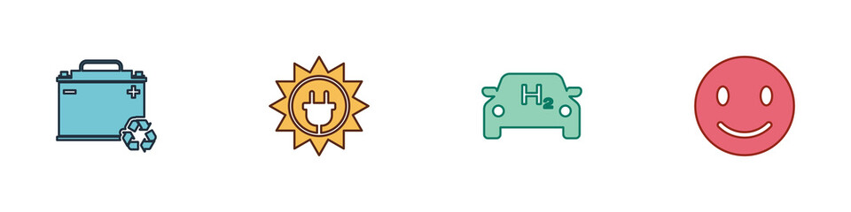 Set Car battery with recycle, Solar energy panel, Hydrogen car and Smile face icon. Vector