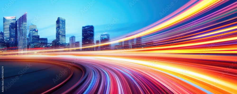 Poster motion blur city with futuristic skyline and digital technology concept. dynamic cityscape showcasin