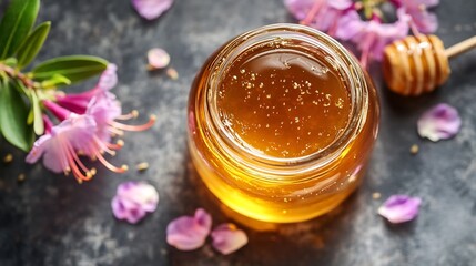 Himalayan Rhododendron Honey a delicate glass jar aerial perspective capturing the intricate floral notes infused in the golden nectar tiny petals scattered around