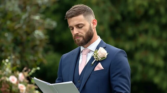 A man in a suit is reading a book. He is wearing a pink tie and a pink flower on his lapel