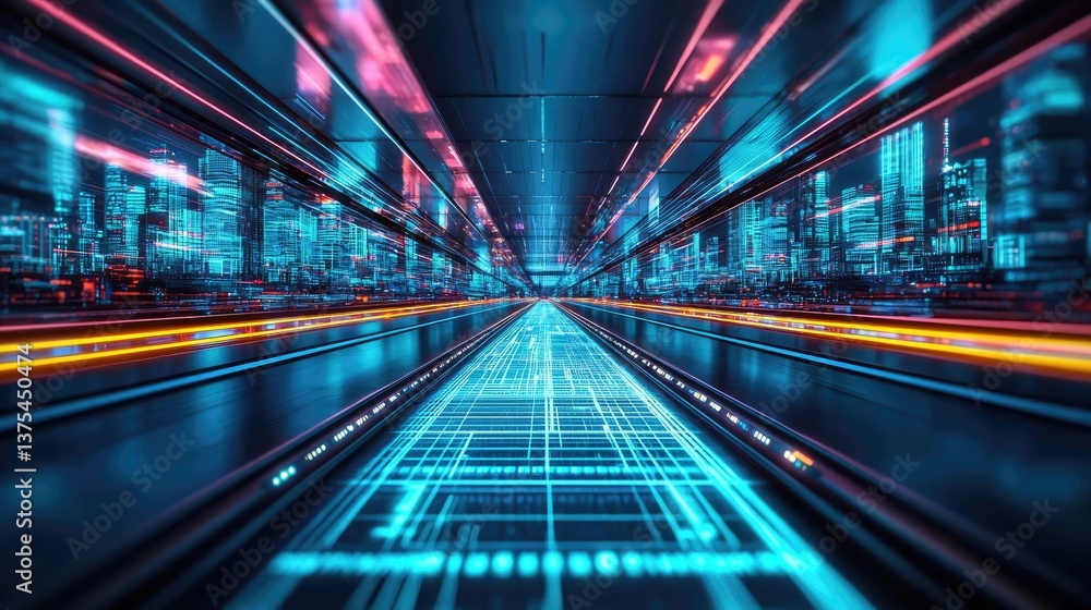 Poster motion blur city with futuristic skyline and digital technology concept. futuristic digital landscap