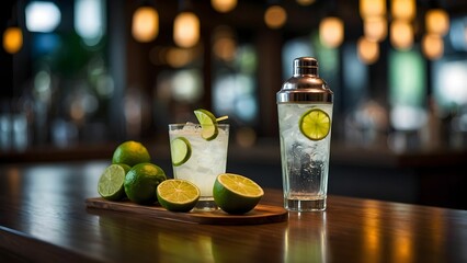 Refreshing cocktail preparation featuring a lime drink with fresh limes and a shaker in a cozy bar during the evening Generative AI