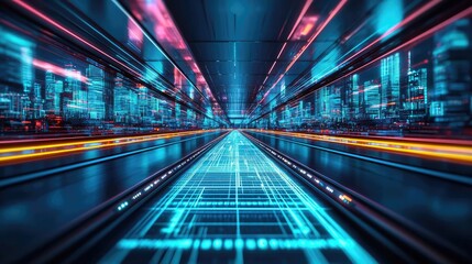 Fototapeta premium Motion blur city with futuristic skyline and digital technology concept. Futuristic digital landscape with neon lights and grid patterns.