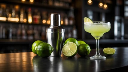 Crafting a refreshing cocktail with limes and shaking equipment at a bar during evening hours Generative AI