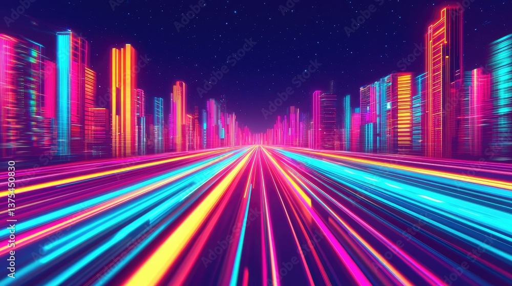 Poster motion blur city with futuristic skyline and digital technology concept. vibrant cityscape with neon