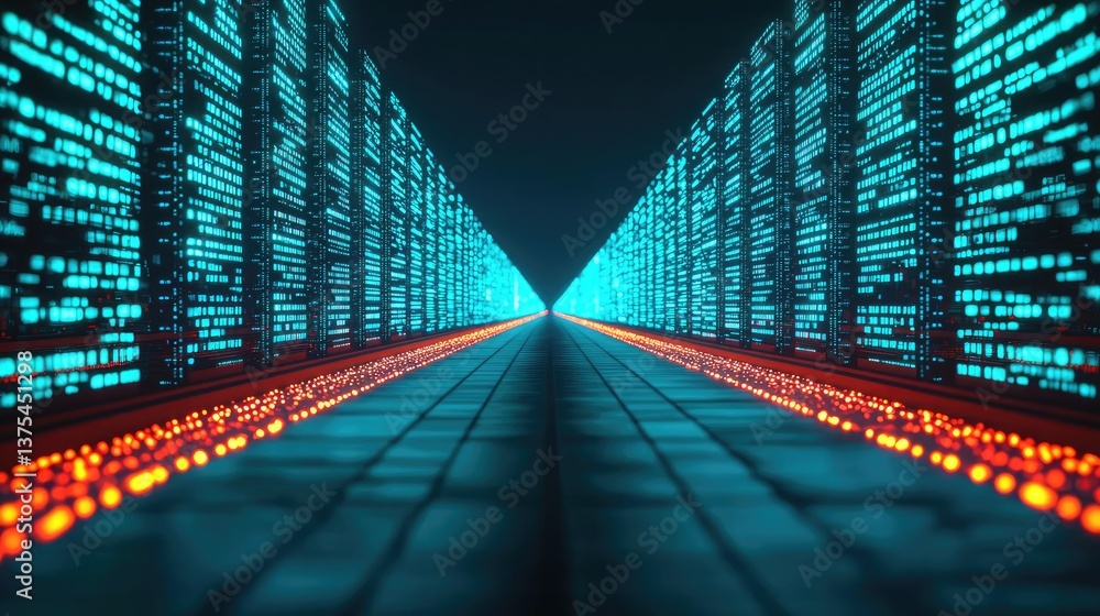 Poster motion blur city with futuristic skyline and digital technology concept. futuristic digital corridor