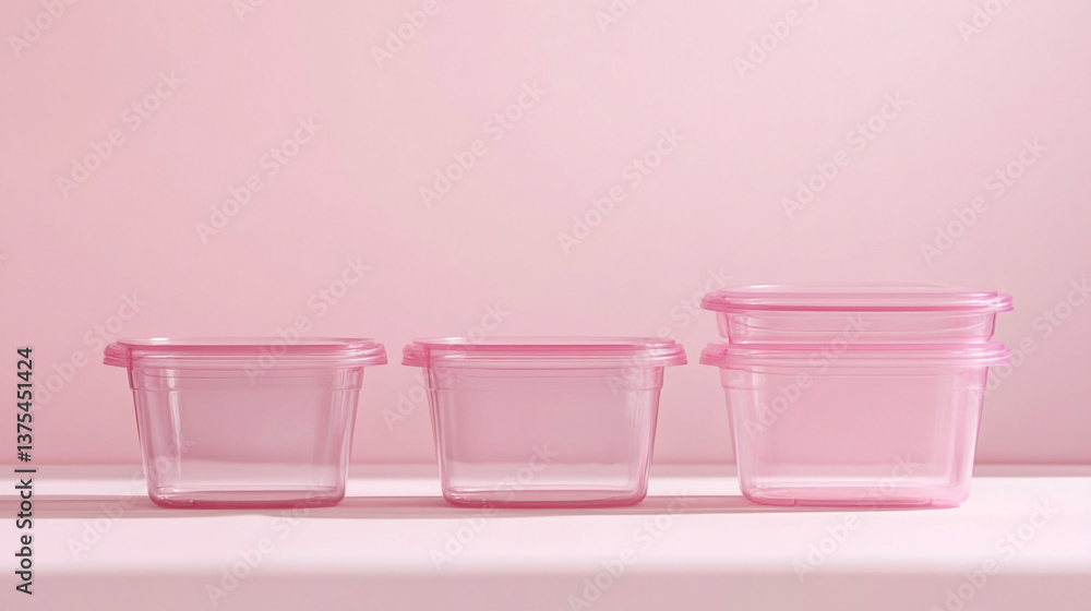 Aufkleber three pink plastic containers with lids on a pink surface in a studio setting with soft lighting