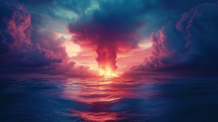 Obraz premium A volcanic eruption triggered by tectonic shifts, lava meeting ocean in a steam explosion 