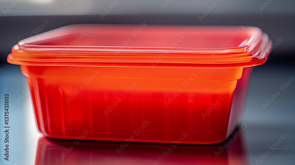 Poster a vibrant red plastic container with its lid on, resting on a reflective surface in soft lighting