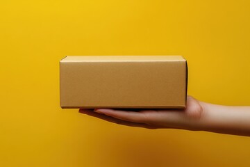 Hand Holding Cardboard Box Delivery on Yellow Background Express Shipping Service Concept