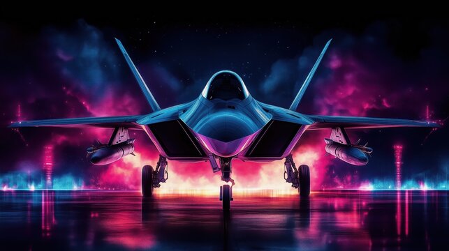Futuristic fighter jet illuminated at night with colorful lighting effects in a modern city environment