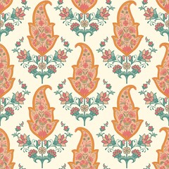 Mughal Style Floral Paisley motif seamless pattern on a warm beige background 
