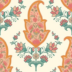 Mughal Style Floral Paisley motif seamless pattern on a warm beige background 