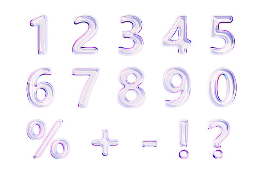 3d glass holographic liquid transparent numbers font from 0 to 9, percent sign, question mark, exclamation, plus and minus symbol. Rainbow glossy balloons with gradient texture render