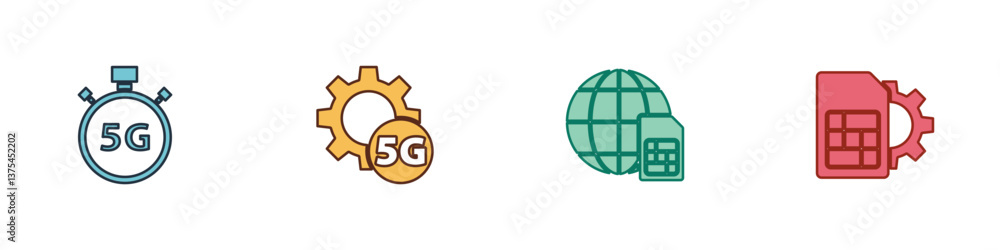 Poster set digital speed meter 5g, setting network, globe sim card and card setting icon. vector