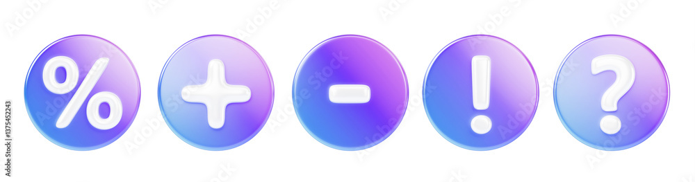 Poster 3d set of glass holographic round badge icon with percent sign, question mark, exclamation point, pl