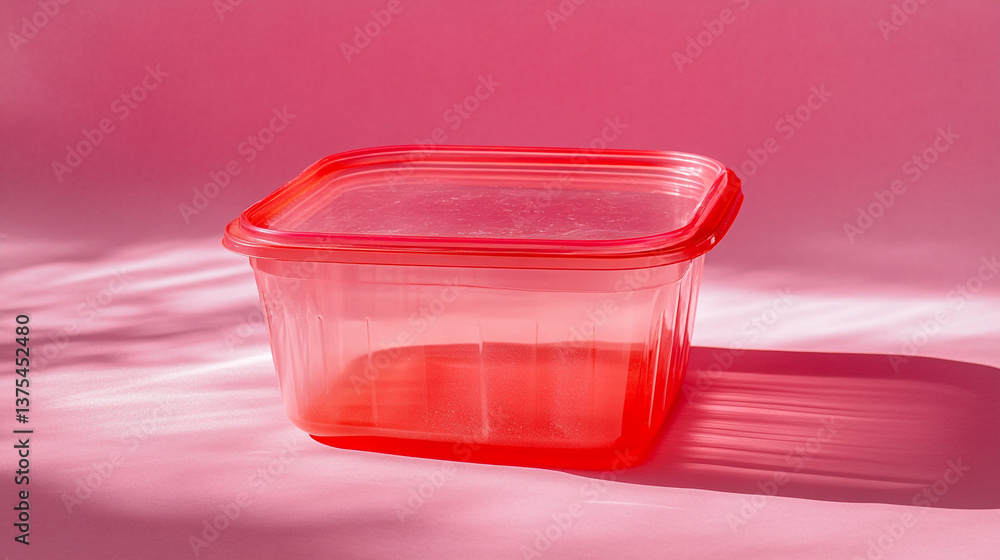 Aufkleber a close up of a translucent red plastic container with lid on a pink background with shadows cast