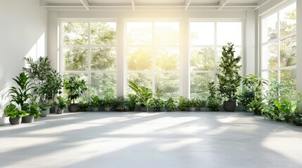 A sunlit greenhouse filled with exotic plants, creating a vibrant and fresh backdrop for eco-friendly fashion styles and copy space,