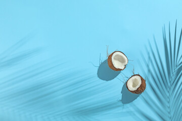 Fresh coconut and shadow cast by tropical palm on light blue background, top view. Space for text