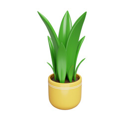 3d green plant in yellow ceramic pot for home and office interior decoration. Cartoon render icon of foliage bush growth in flowerpot with soil. Isolated decorative floral houseplant