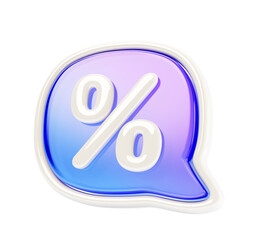 3d glass hologram speech bubble, chat icon with percent sign render. Discount offer price tag talk message box, sale notification symbol, percentage square text dialogue banner frame