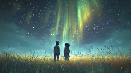 children in a grassy field under aurora borealis looking at meteors in the night sky