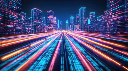 Fototapeta premium Motion blur city with futuristic skyline and digital technology concept. Vibrant city lights create dynamic movement in urban landscape.