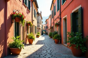 Fototapeta premium Sunlit Cobblestone Lane with Vibrant Flower Pots and Lush Greenery Lining Terracotta Buildings
