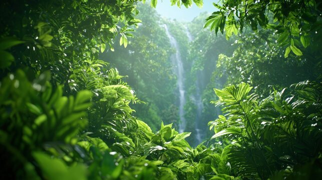 A tropical rainforest with lush greenery and waterfalls, offering an adventurous setting for outdoor fashion and captions,