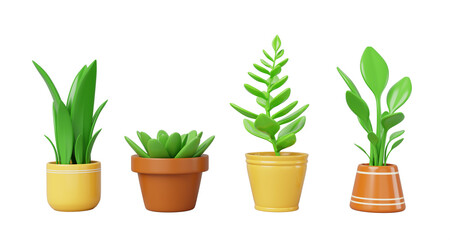 3d set of house plant in pot for flower shop, home or office interior. Green ficus tree, succulent and sansevieria in flowerpot, houseplant with leaves, cartoon isolated render icon