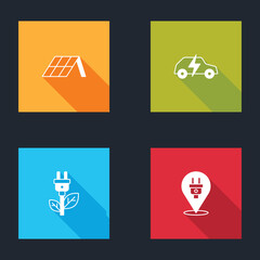 Set Solar energy panel, Electric car, saving plug in leaf and icon. Vector