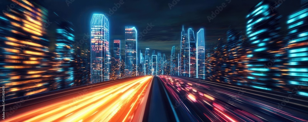 Poster motion blur city in a digital future with technology panorama concept. a dynamic cityscape captured 