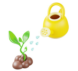 3d yellow watering can with water drops and sprout plant with green leaves growth from ground isolated on white background. Garden irrigation, agriculture elements Cartoon render icon