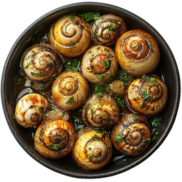 Extreme top view of an extremely perfect looking escargots de Bourgogne in a dark escargot dish isolated on a white transparent background