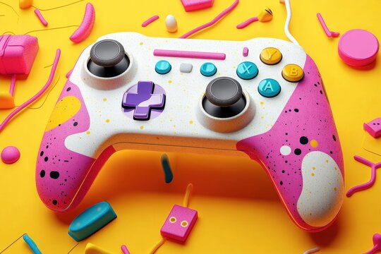 Modern Gaming Controller Render with Abstract Shapes and Yellow Background