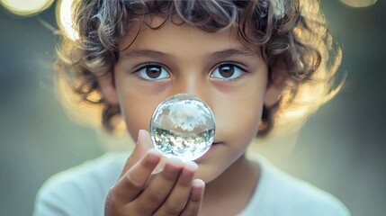 Child holding crystal globe, thoughtful gaze, park