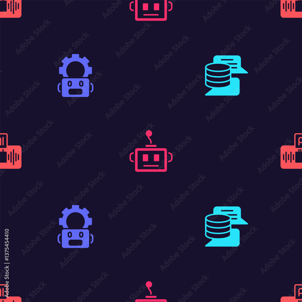 Poster Set Server, Data, Robot setting, Artificial intelligence robot and AI on seamless pattern. Vector