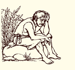 Vector drawing. A sad man and pigs