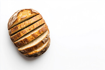 A loaf of bread that has been sliced into several pieces, placed on a white background. The bread has a golden-brown crust and a soft, airy interior.