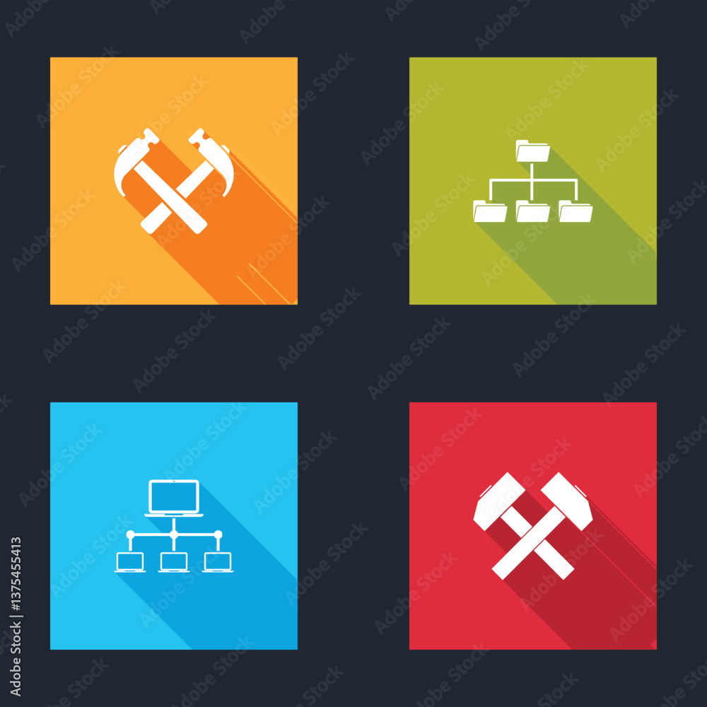 Poster set two crossed hammers, folder tree, computer network and icon. vector