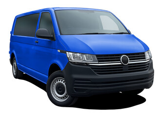Modern European passenger minibus, front side view isolated on white background in png format, blue color.