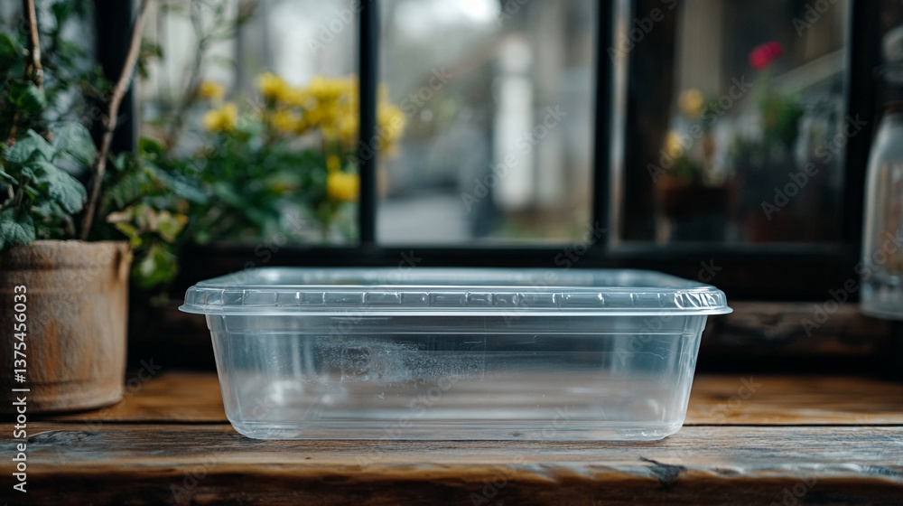 Poster an empty clear plastic container with lid on a wooden surface near a window with plants outside