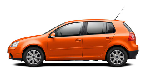Modern European car with a side view, hatchback body, all orange. In png format on a transparent background.