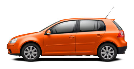 Modern European car with a side view, hatchback body, all orange. In png format on a transparent background.