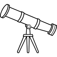 a line art illustration of a telescope pointing upwards. the design uses clean lines and stark contrasts to depict the astronomical instrument