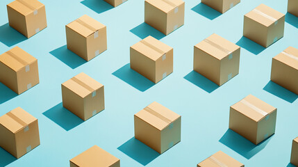 Fototapeta premium Arrangement of cardboard boxes with shadows on a light blue background in a repeating pattern