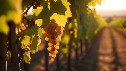 Golden grapes hanging from the vine in a sunlit vineyard during harvest season in late afternoon light Generative AI