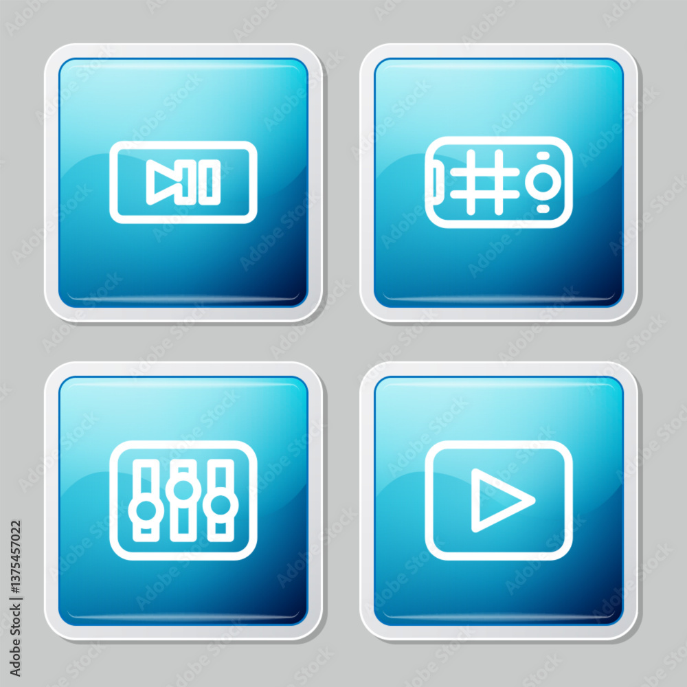 Poster set line pause button, selfie mobile, sound mixer controller and play icon. vector